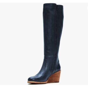 Navy Side Zipper Wedge High Heel Point Toe Fancy Pull On Ladies Winter Boot